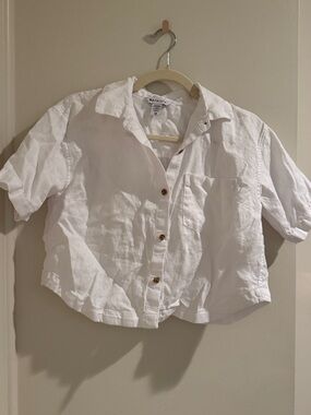 Athleta White Short-Sleeve Button-Up Crop Shirt